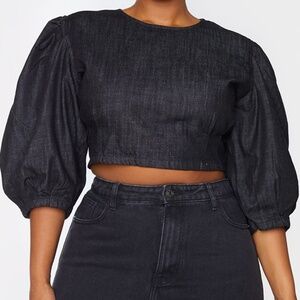 Pretty Little Things Plus Black Denim Puff Sleeve Seam Detail Crop Top  5X/30